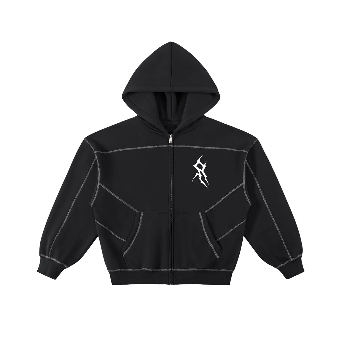 Contrast-Stitched Boxy Fleece Zip Hoodie